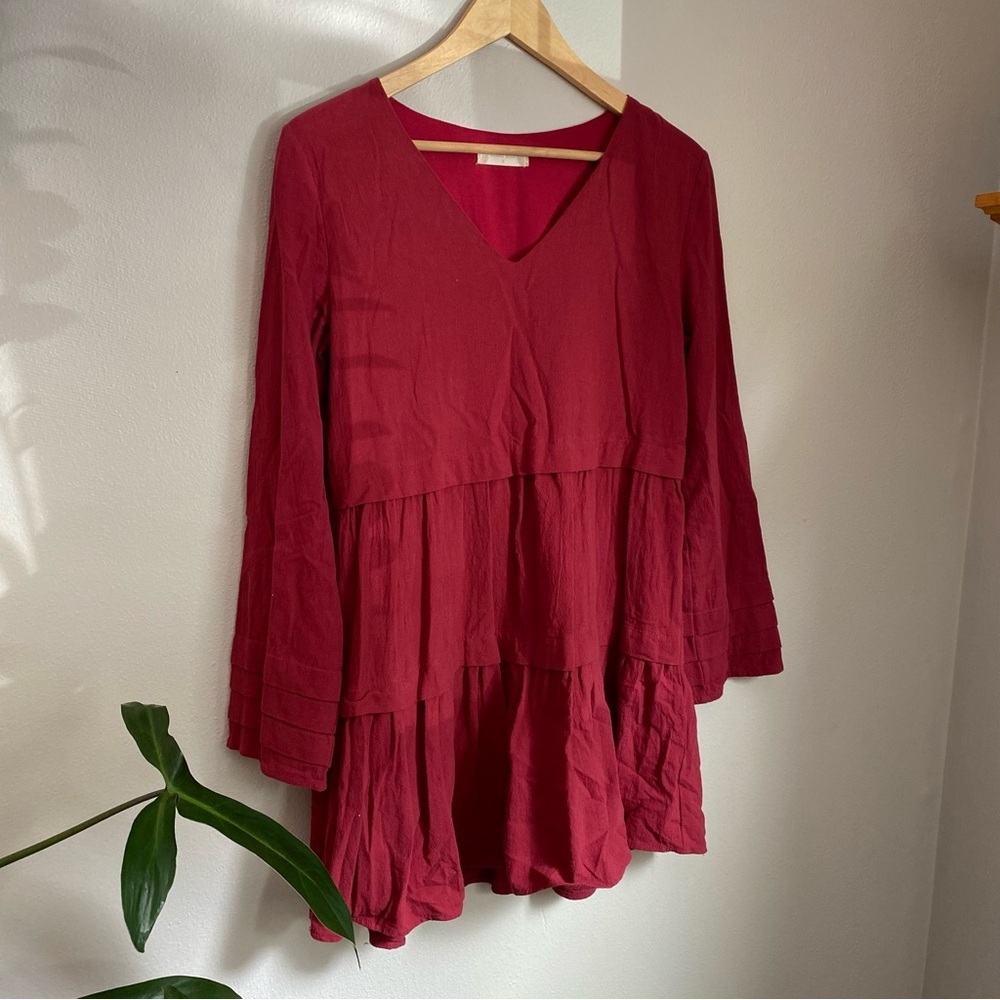 Altar’d State Long Sleeve Tiered Red Mini Dress with V-Neck Size Small